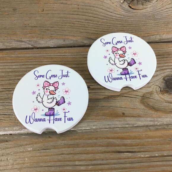 Some Geese Just Wanna Have Fun - Set of 2 Sandstone Car Coasters - Picture 2 of 7